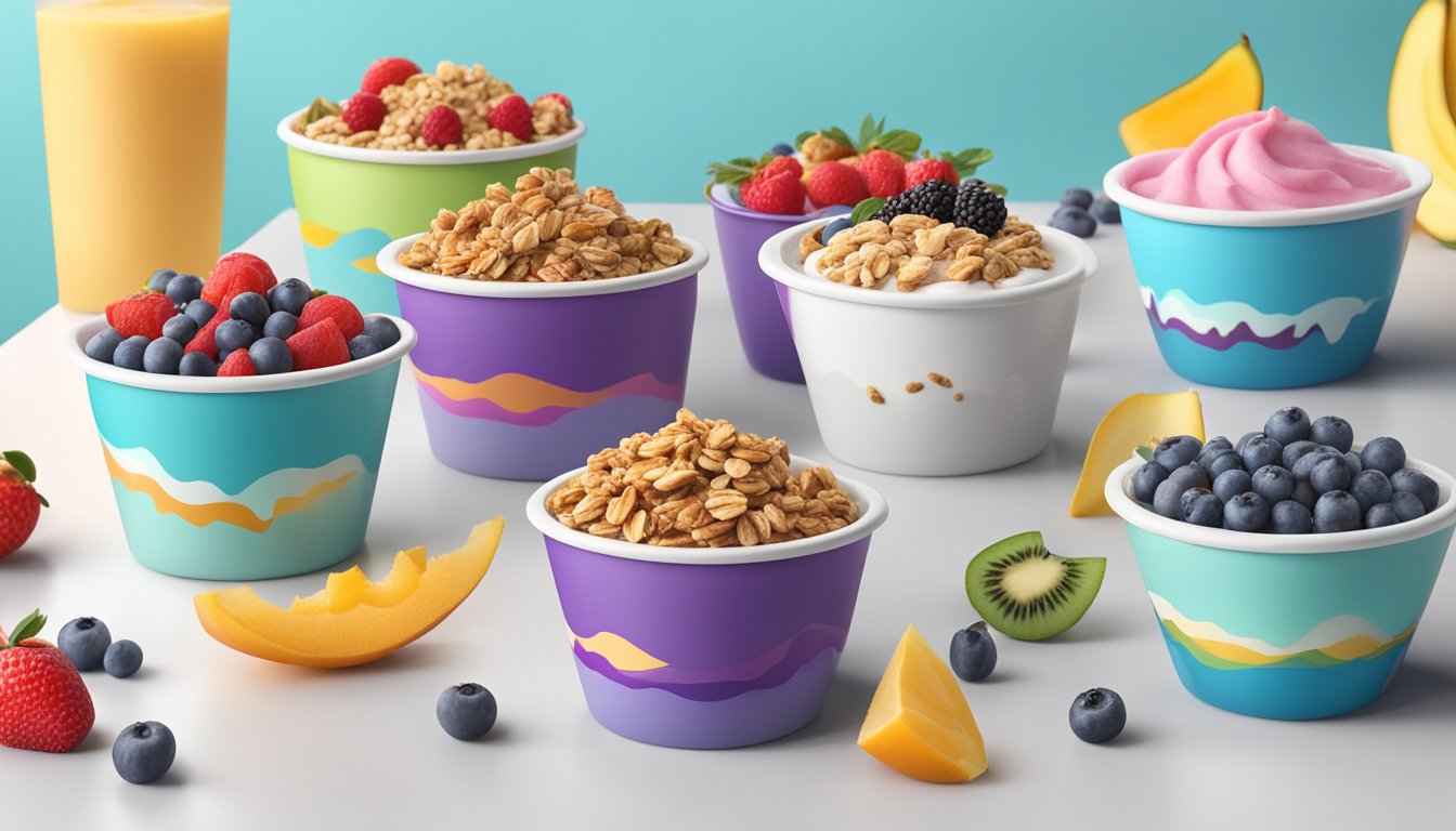 A colorful array of frozen yogurt containers surrounded by fresh fruit and granola toppings on a clean, modern countertop