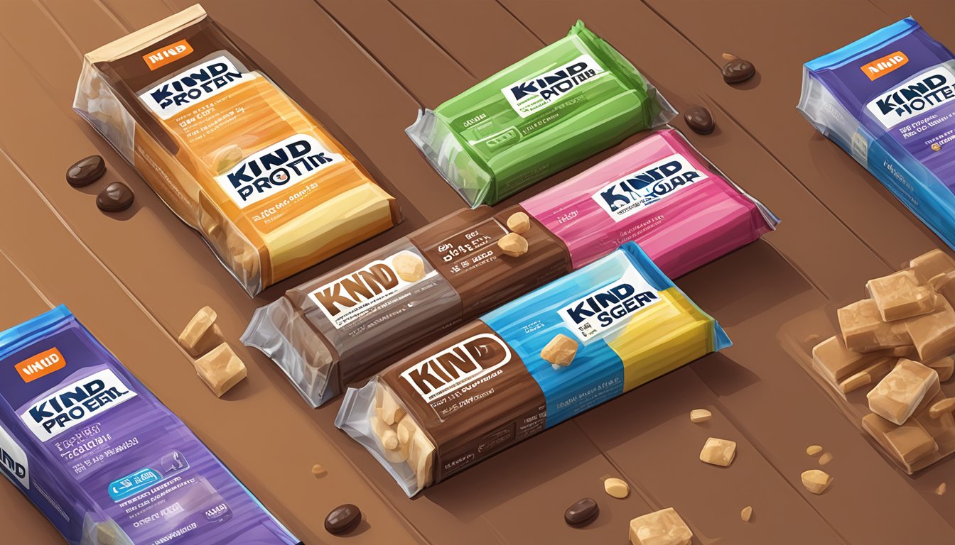 A stack of KIND Protein Bars with a blood sugar monitor spiking in the background