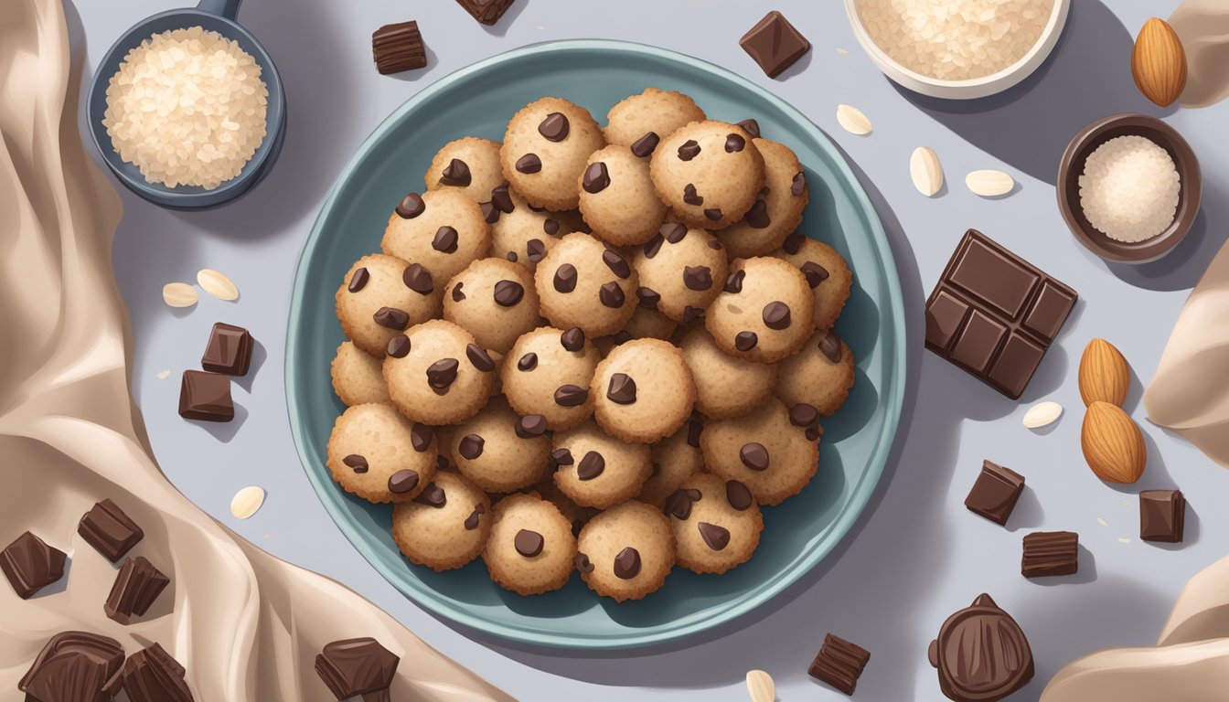 A plate of almond coconut chocolate chip bites surrounded by scattered ingredients and a measuring cup