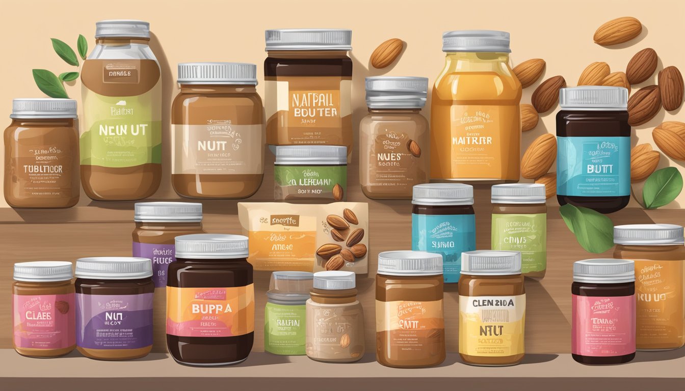 A table with various jars of nut butter, surrounded by colorful packaging and labels. Some jars have added sugar, while others are labeled as "clean" and "natural."