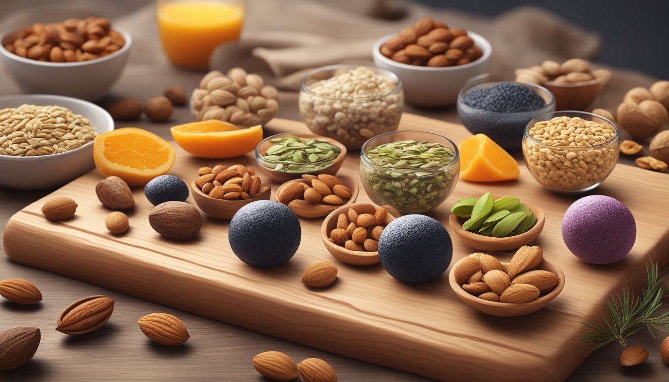 A table with nine different energy balls arranged on a wooden cutting board, surrounded by various ingredients like nuts, seeds, and dried fruits