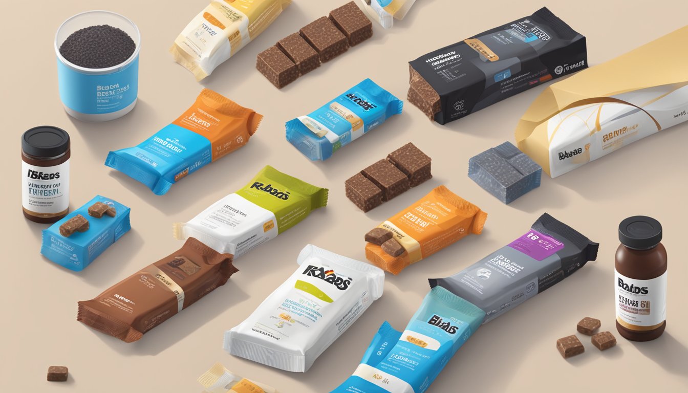 A table with a variety of RXBARs protein bars arranged neatly, with a blood sugar level graph in the background