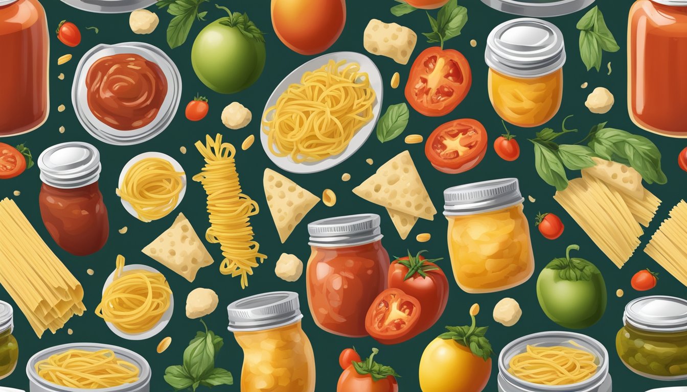 A jar of pasta sauce surrounded by various processed food items, with a subtle emphasis on the added sugar content