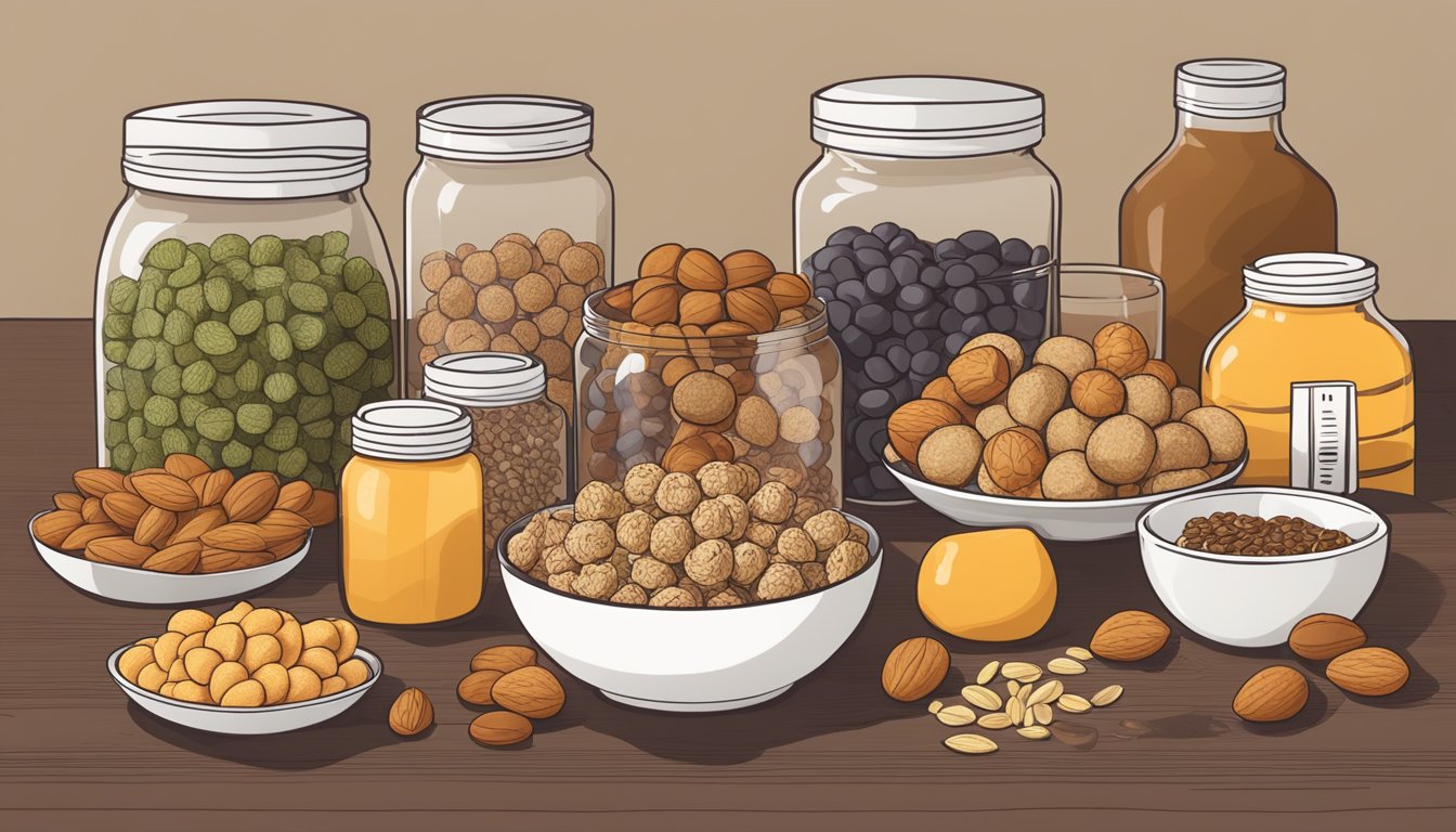 A table spread with various energy balls, surrounded by ingredients like nuts, seeds, and dried fruit. A nutrition label shows high calorie counts