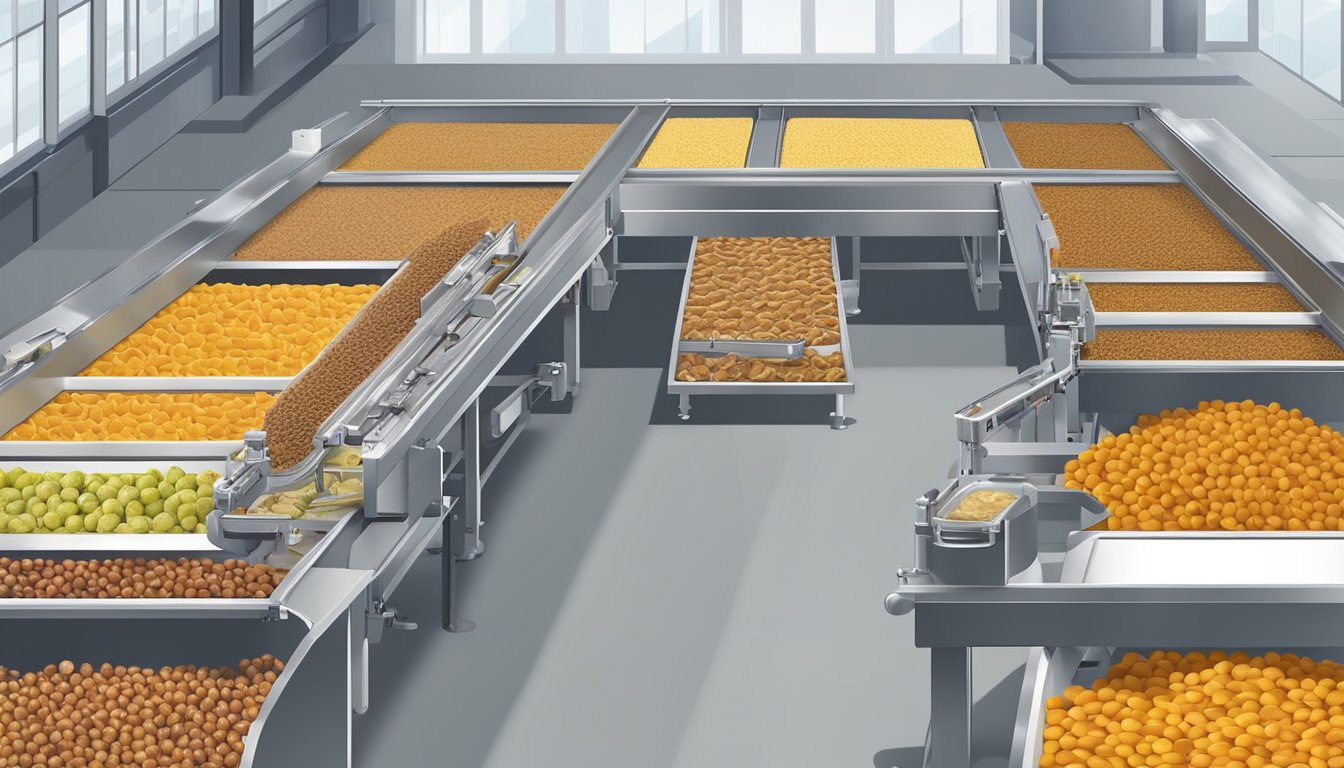 A conveyor belt in a factory processes dried fruits, with machines sorting, mixing, and packaging the products