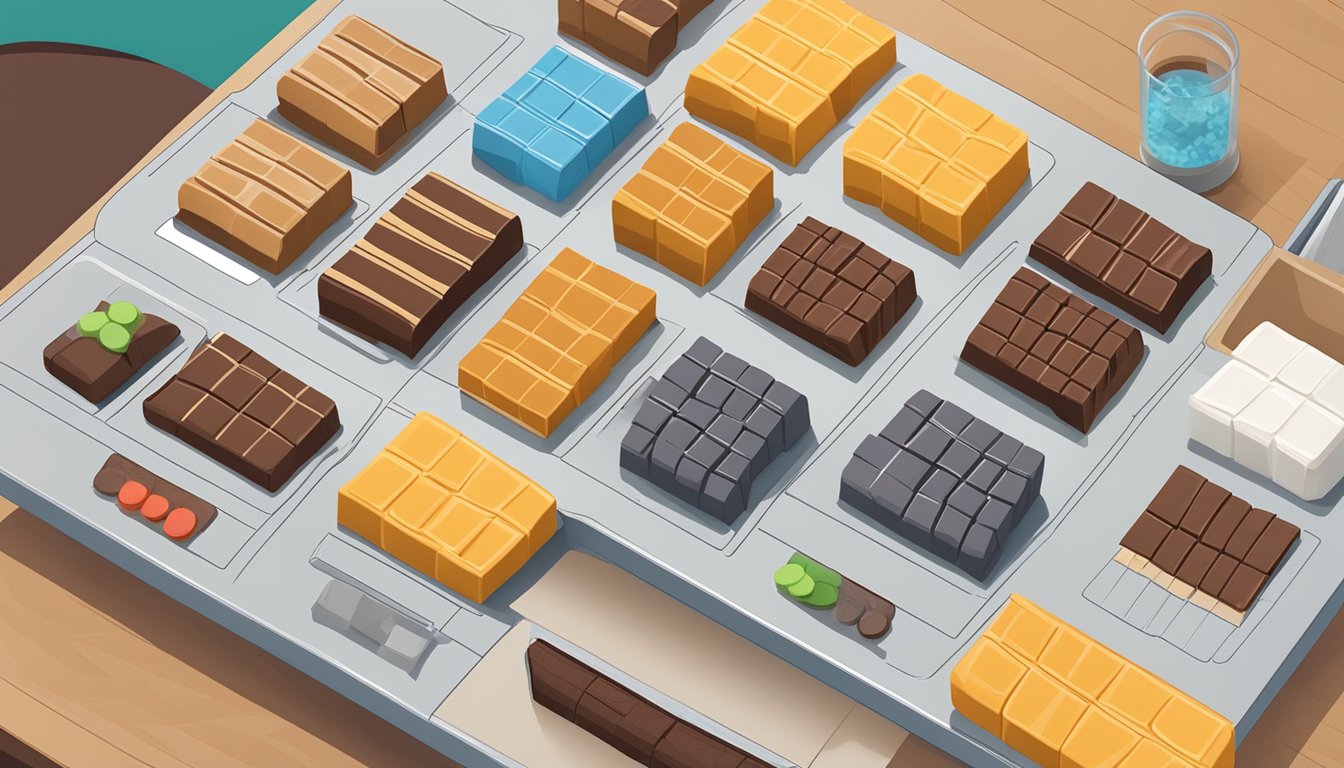 A table with 12 Fiber One Protein Bars arranged in a row, surrounded by scattered blood sugar level monitors showing high readings