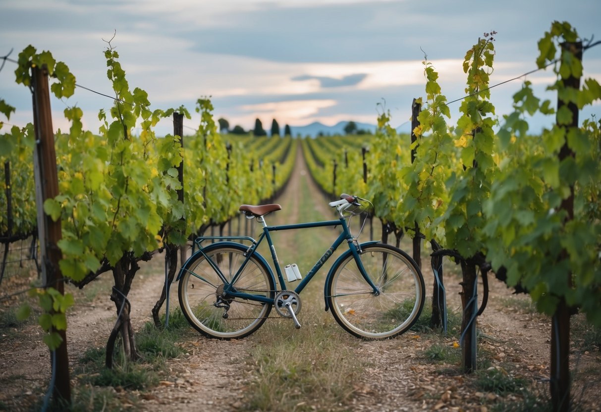 A lone bicycle weaves through overgrown vines in an abandoned Argentine vineyard
