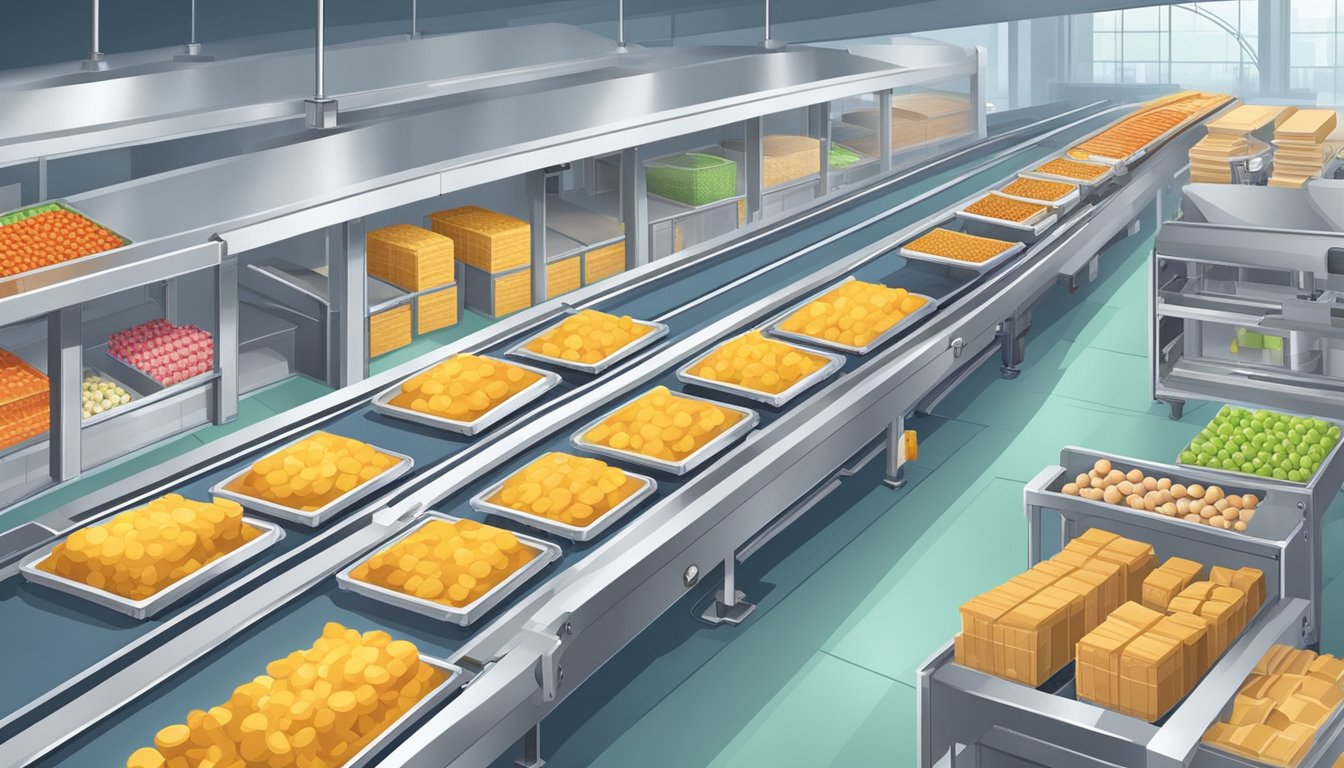 A conveyor belt moves packaged foods through a factory, with machines processing and packaging the items. Bright, clean packaging contrasts with the complex machinery