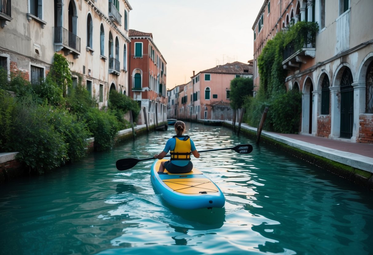 A paddle board drifts through a serene Venice canal, surrounded by abandoned buildings and overgrown greenery