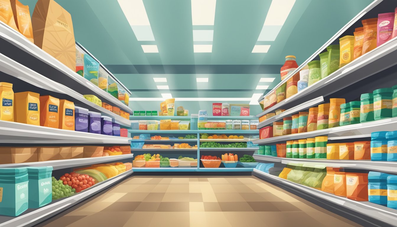 A brightly lit grocery aisle with rows of colorful packaged foods, featuring labels touting "clean" and "natural" ingredients