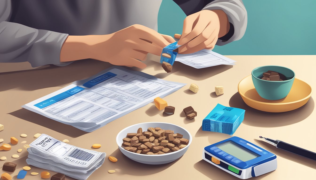 A table scattered with opened Pure Protein bars, a glucometer showing high blood sugar levels, and a disappointed person checking the nutrition labels