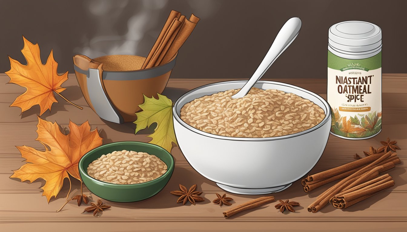 A cozy kitchen table set with a steaming bowl of Nature's Path Organic Instant Oatmeal Maple Spice, surrounded by scattered maple leaves and cinnamon sticks