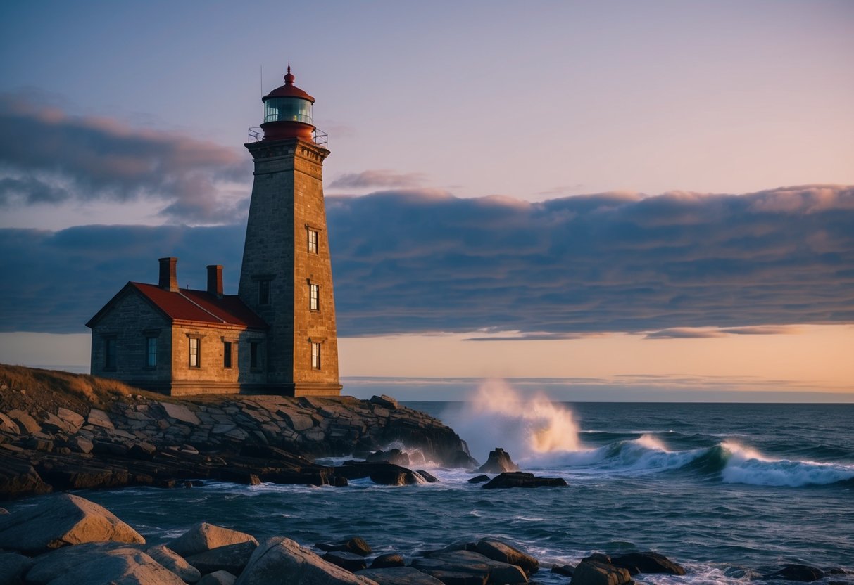 The forgotten lighthouse stands tall against the rugged Nova Scotia coastline, its weathered exterior a testament to the passage of time. Waves crash against the rocks below as the setting sun casts a warm glow over the abandoned structure