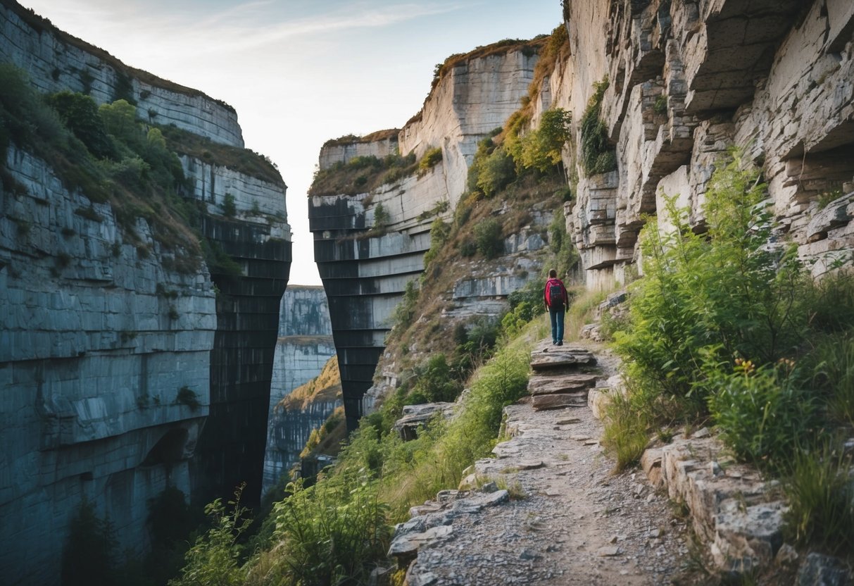 A lone figure scales the rugged cliffs of the abandoned quarry, surrounded by towering rock walls and overgrown vegetation