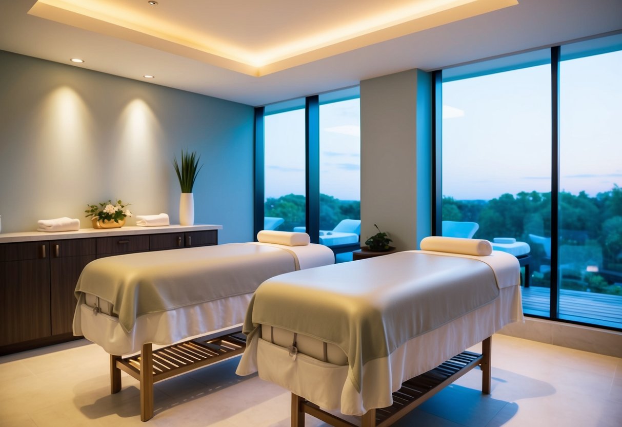 A serene spa room with two massage tables, soft lighting, and a calming ambiance