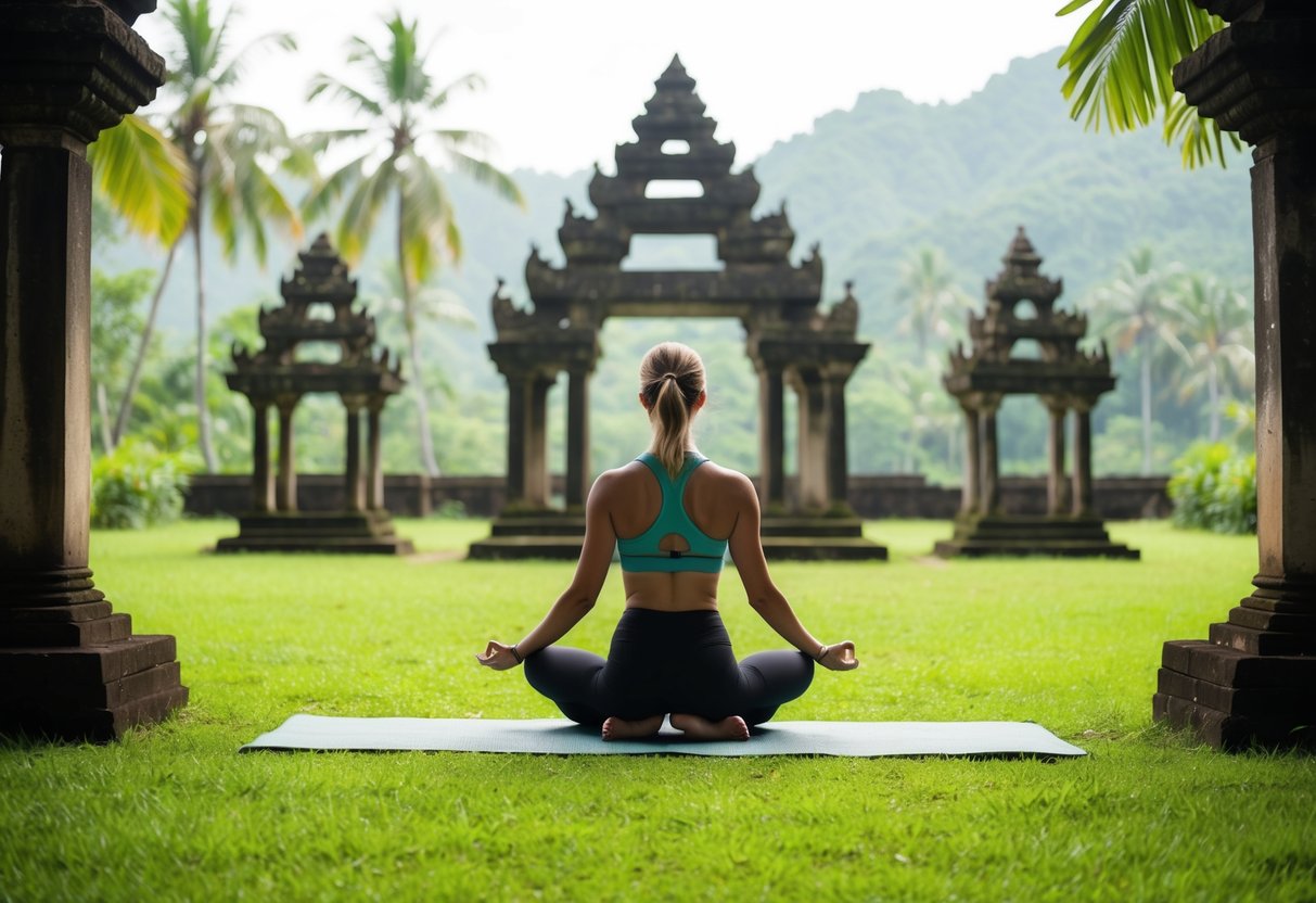 A serene yoga retreat at an abandoned sanctuary in Bali, surrounded by lush greenery and tranquil silence