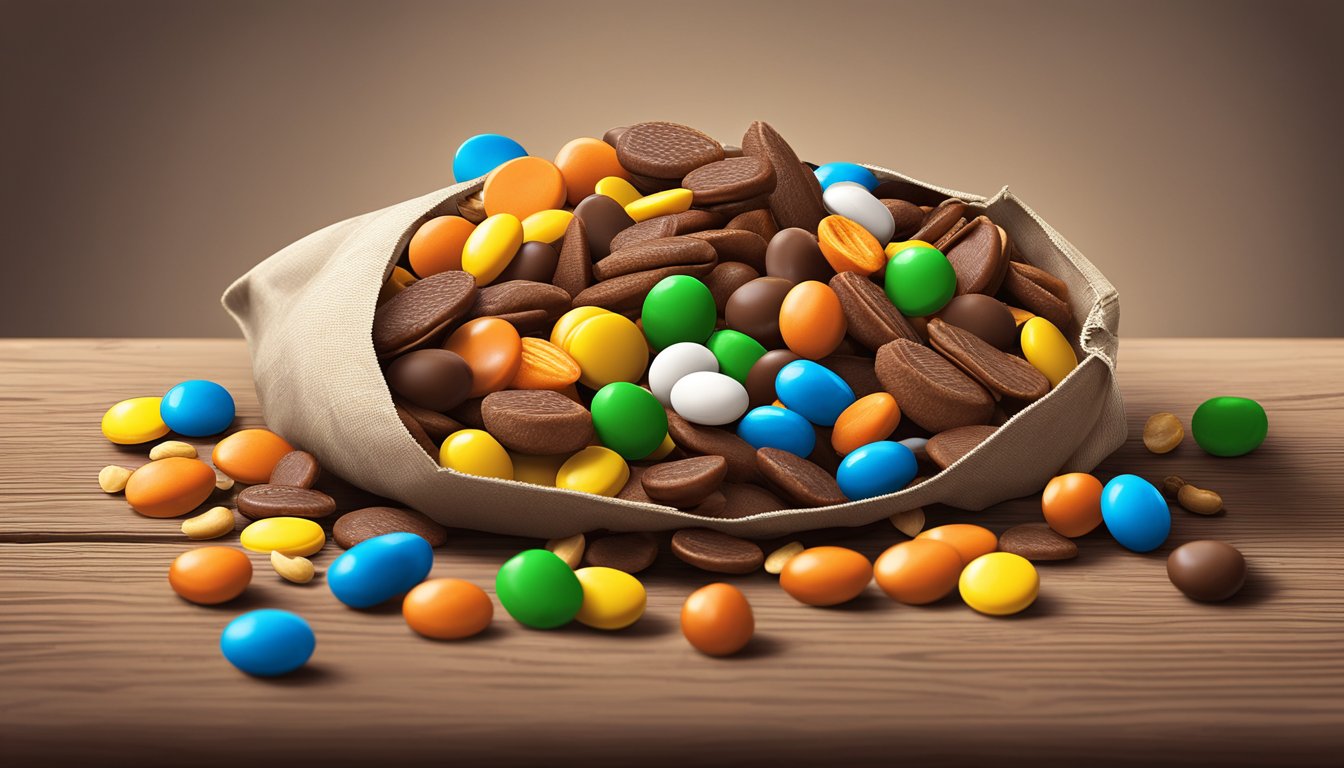 A pile of trail mix ingredients: peanuts, chocolate chips, M&M's, and Reese's Pieces, spilling out of a torn bag onto a rustic wooden table