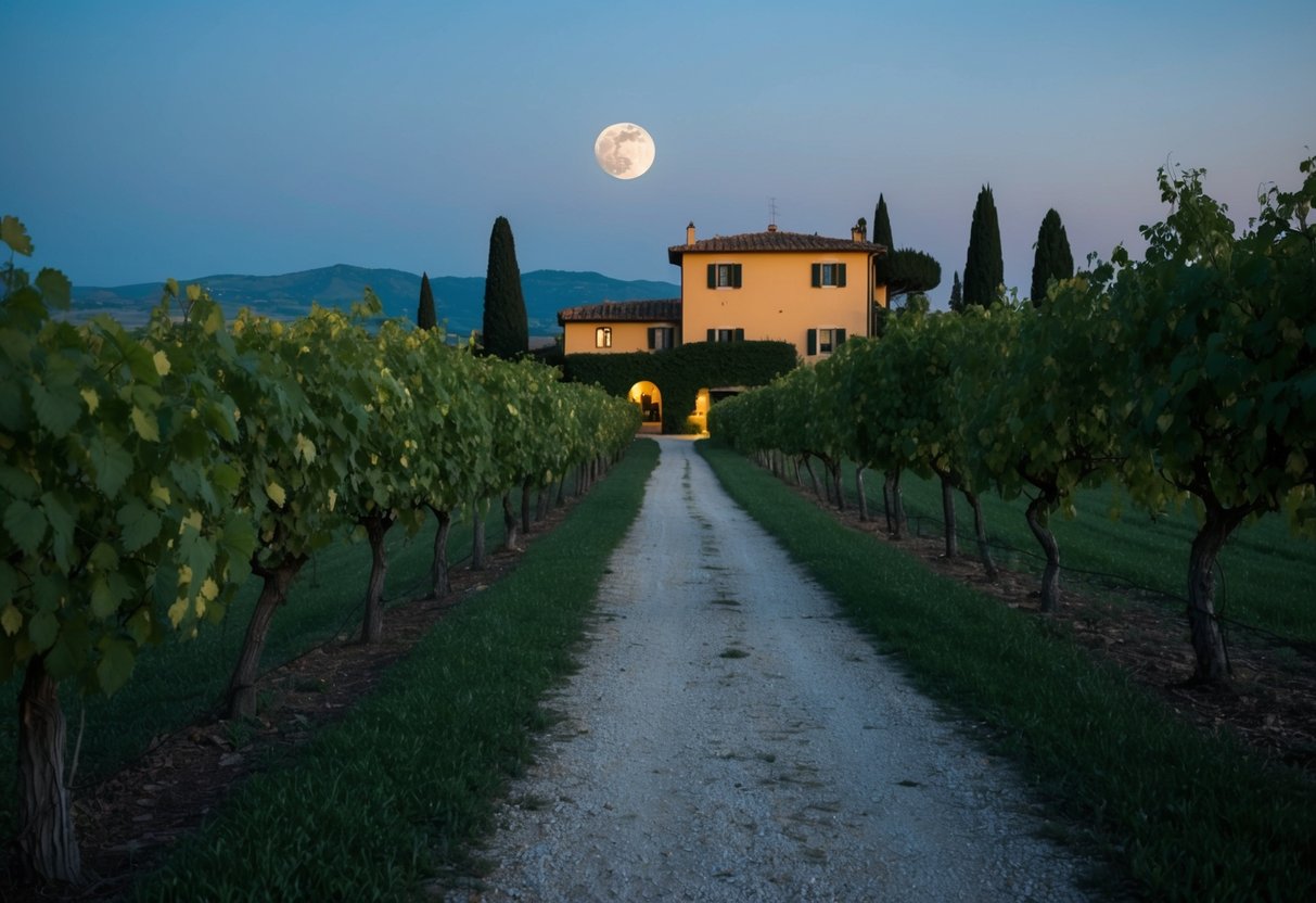 A moonlit path winds through a vine-covered villa in Tuscany, the silence broken only by the rustling of leaves and the distant hoot of an owl