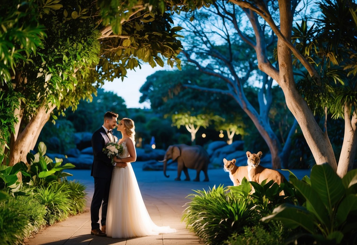 Lush foliage and exotic animals fill the tranquil twilight setting at Adelaide Zoo, creating a romantic atmosphere for couples to explore