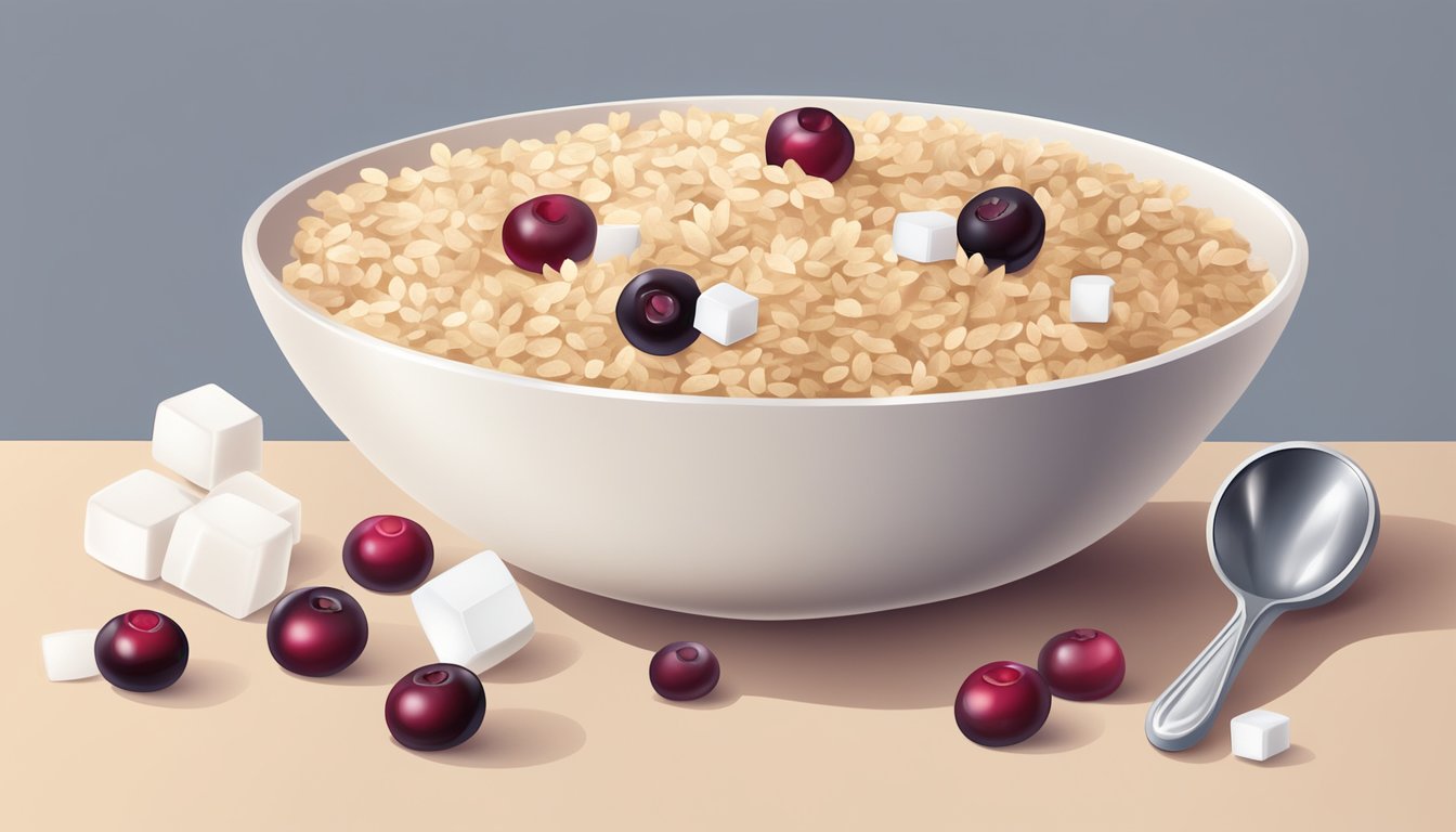 A bowl of oatmeal with cranberries, surrounded by a pile of sugar cubes and a sugar shaker