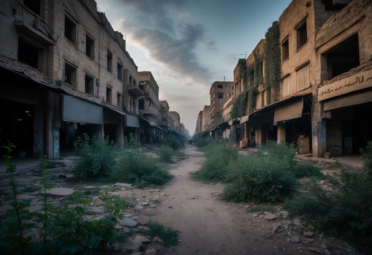 A deserted market in Cairo, filled with decaying buildings and overgrown vegetation, creating an eerie and mysterious atmosphere perfect for a photography expedition