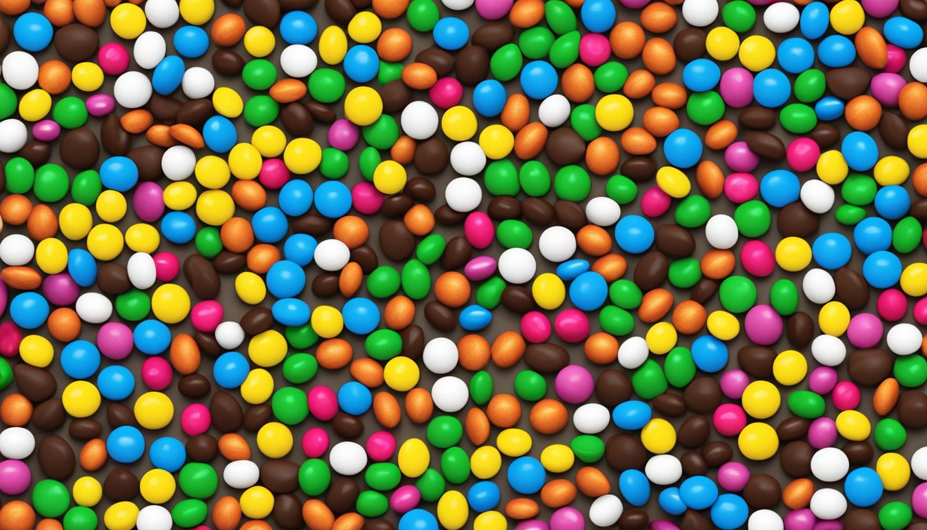 A colorful assortment of M&M's, chocolate-covered nuts, and various candies arranged in a trail mix display