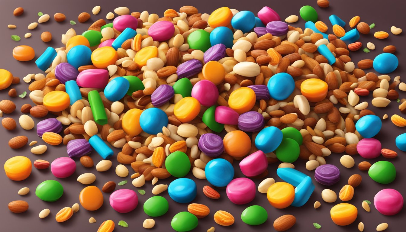 A colorful assortment of candy, nuts, and dried fruit spills out of a vibrant package, creating a tempting trail mix display