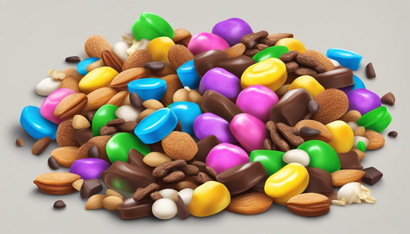 A colorful array of candy-coated nuts, chocolate chunks, and dried fruit spills out of a vibrant Snickers Sweet Blend 10 trail mix bag