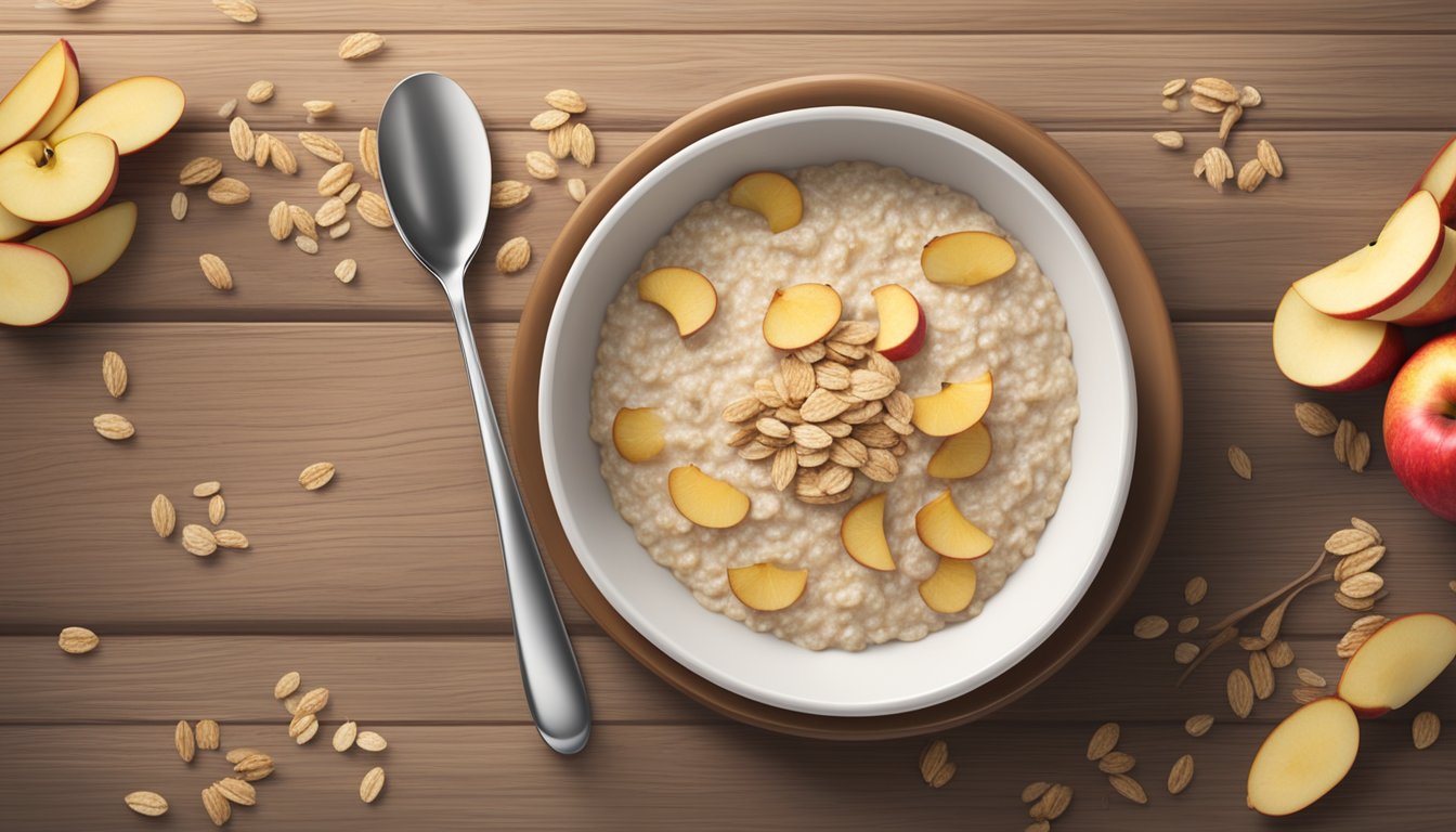 A bowl of Market Pantry Apple & Cinnamon Instant Oatmeal with a spoon on a wooden table, surrounded by scattered oats and apple slices