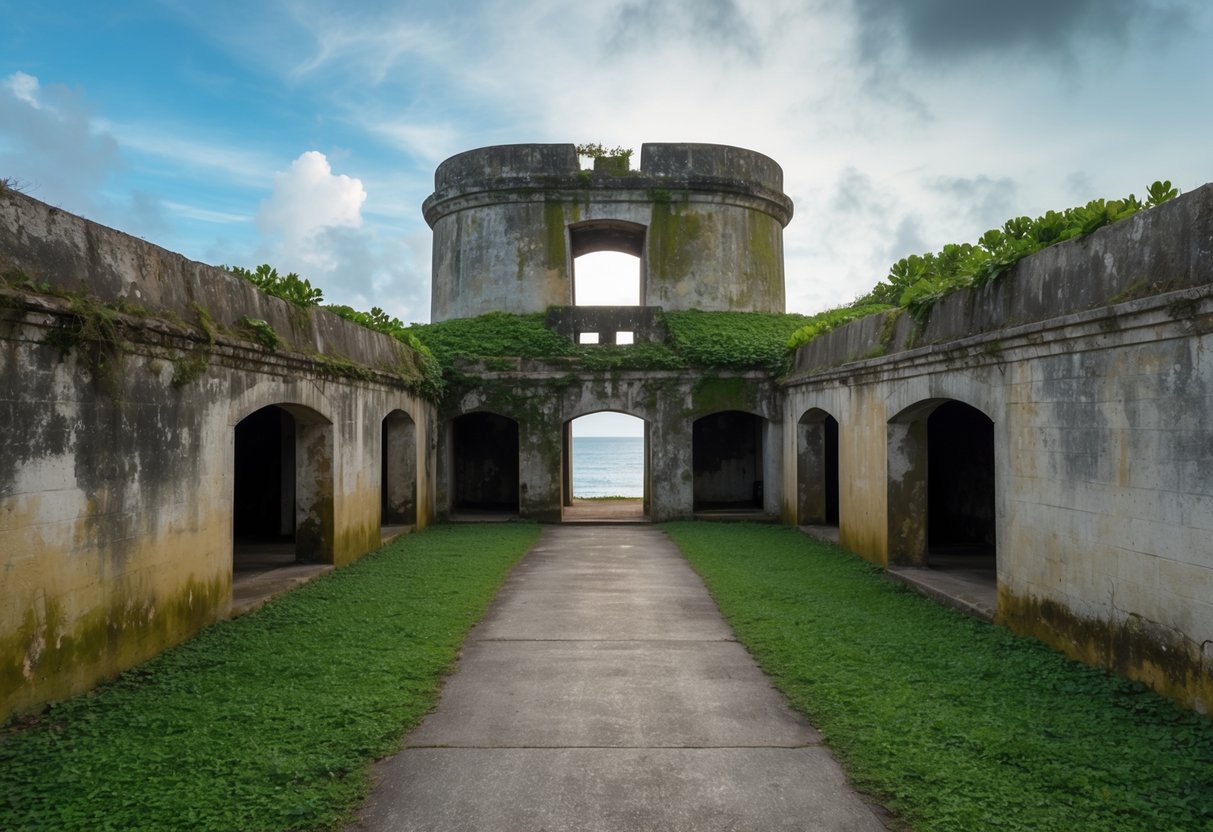 An overgrown, crumbling fort on the coast of Puerto Rico, with moss-covered walls and empty, echoing chambers