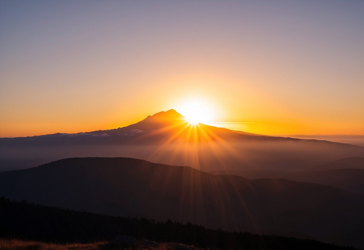 The sun rises over the silhouette of Mount Lofty, casting a warm glow over the surrounding landscape