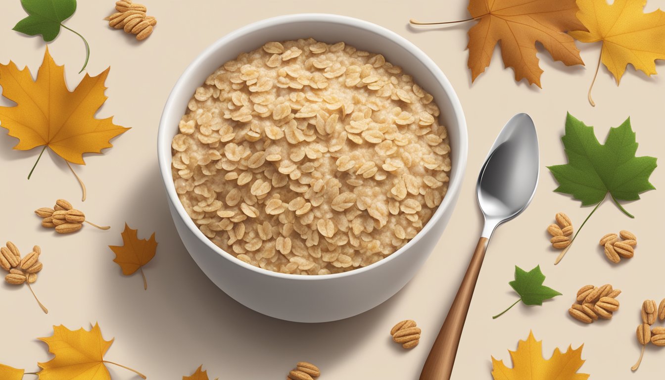 A bowl of Nature Valley Instant Oatmeal surrounded by scattered maple leaves and brown sugar, with a spoon resting on the edge