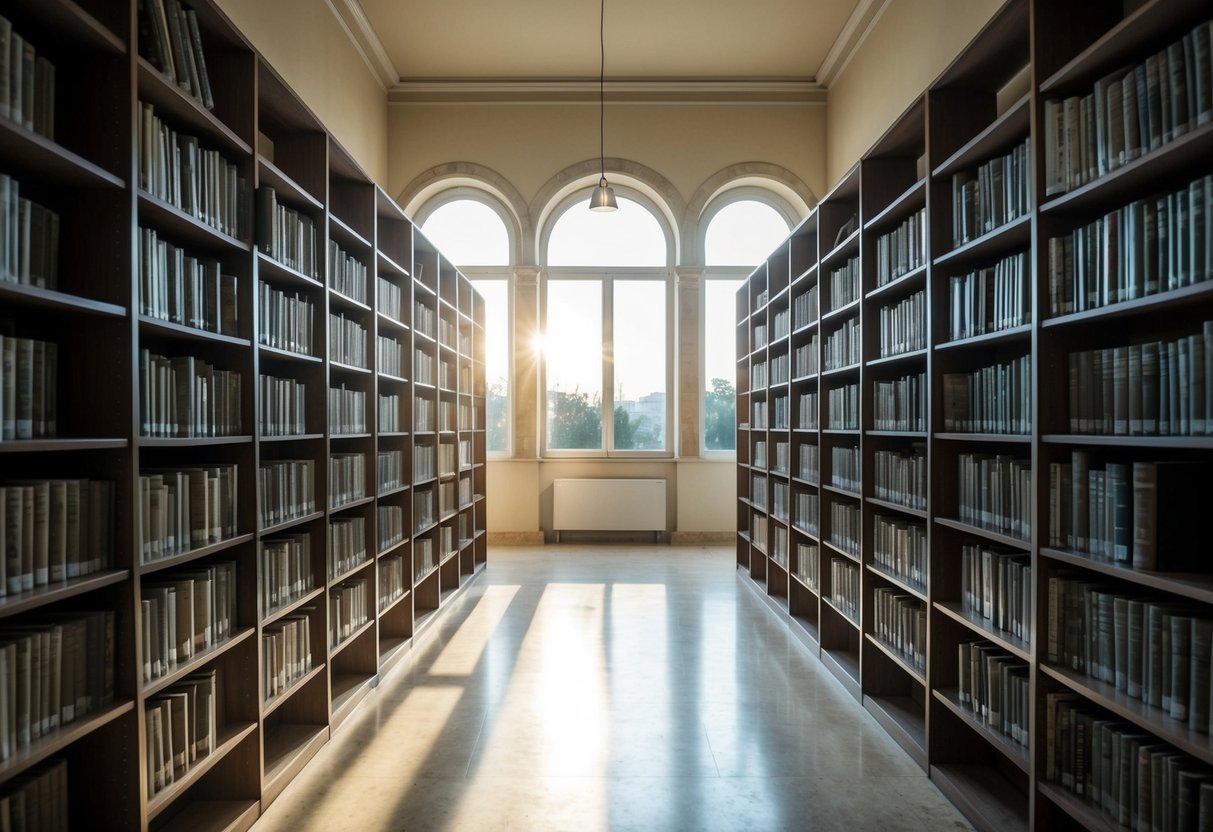 An empty library in Athens with dusty books and sunlight streaming through the windows, creating a quiet and serene atmosphere for reading
