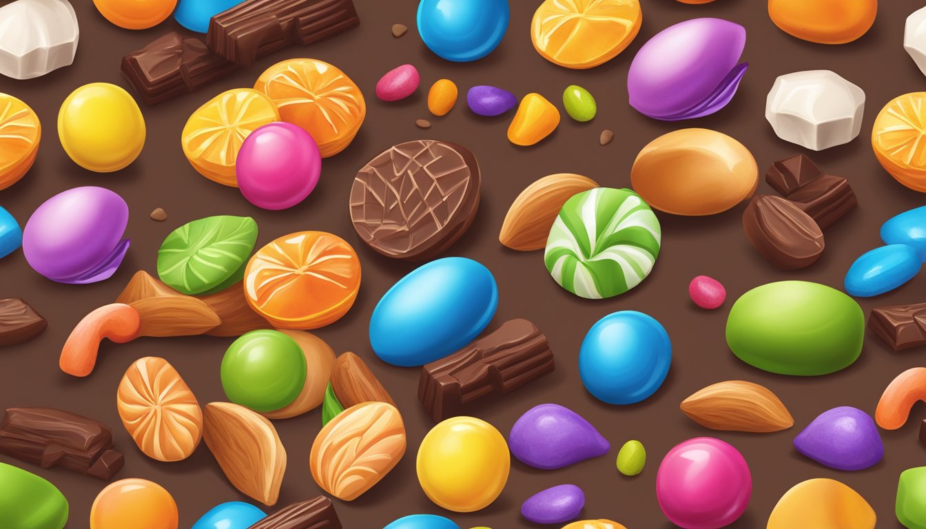 A colorful assortment of candy-coated nuts, chocolate chunks, and sugary dried fruits spill out of vibrant packaging onto a woodland trail