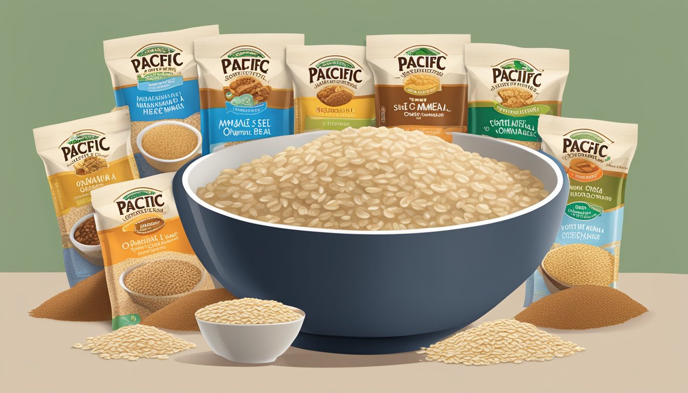 A bowl of Pacific Foods Organic Steel-Cut Oatmeal with maple and brown sugar, surrounded by 10 other instant oatmeal packets