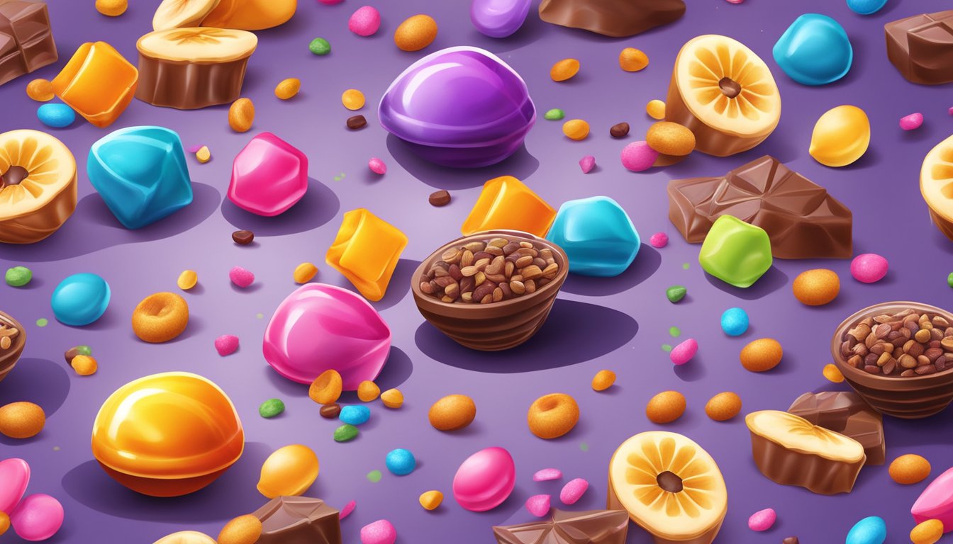 A colorful array of candy-coated nuts, chocolate pieces, and dried fruit spills out of a galaxy-themed packaging onto a table