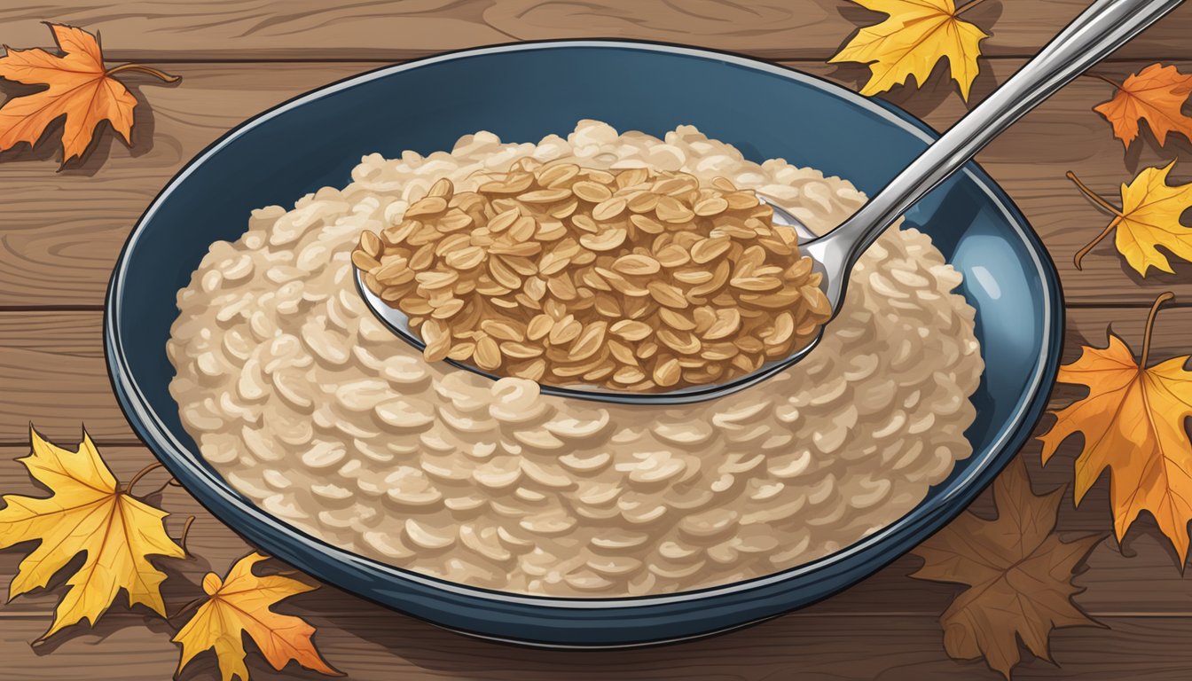 A bowl of Kodiak Cakes oatmeal with a steaming spoon, surrounded by scattered maple leaves on a wooden table