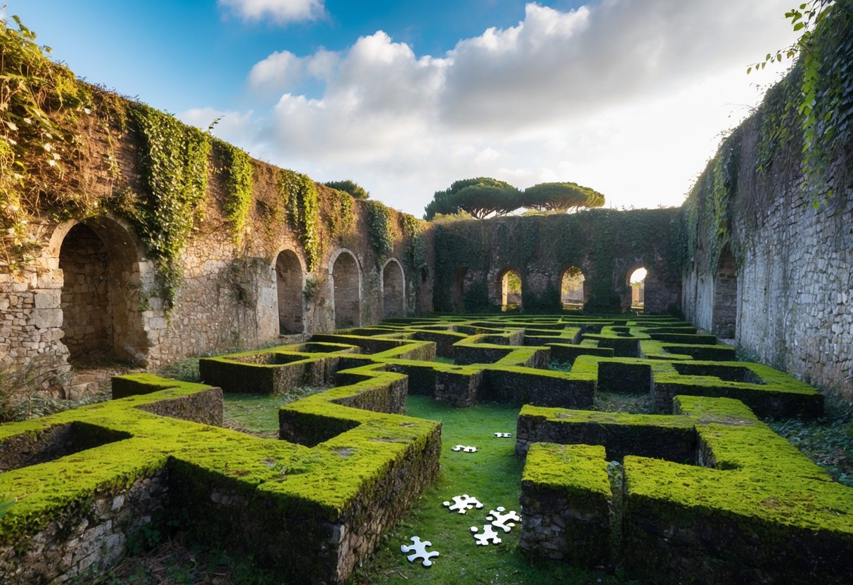 A crumbling maze in Portugal, overgrown with ivy and moss, with scattered puzzle pieces among the forgotten pathways