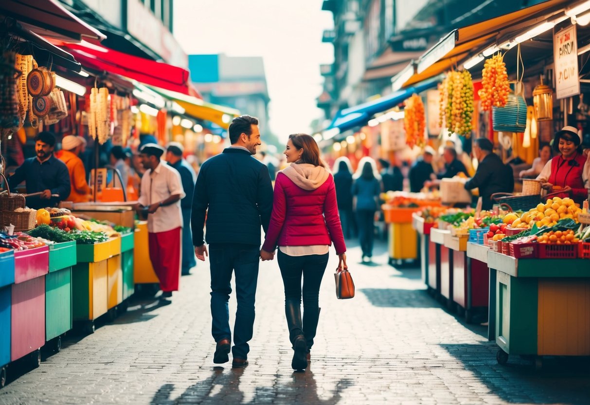 A couple strolling through a vibrant outdoor market, surrounded by colorful stalls and bustling with activity. A street performer plays music in the background