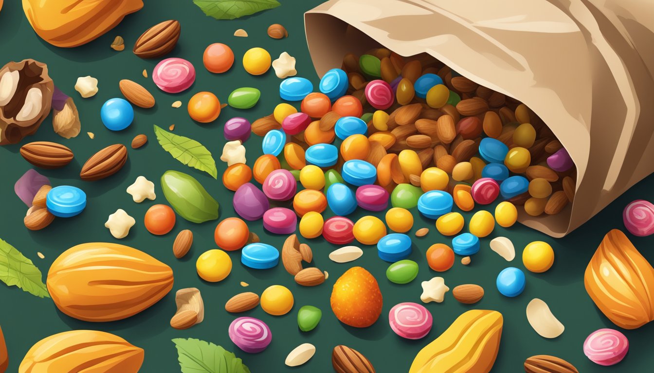 A colorful assortment of candy, nuts, and dried fruits spills out of a torn bag onto a forest trail