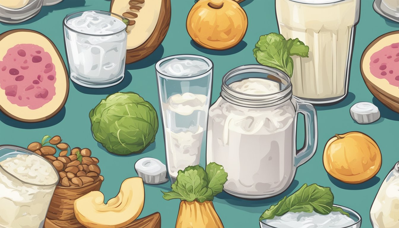 A variety of foods such as kefir, yogurt, and sauerkraut arranged on a table with a glass of water and a distressed expression on a cartoon stomach