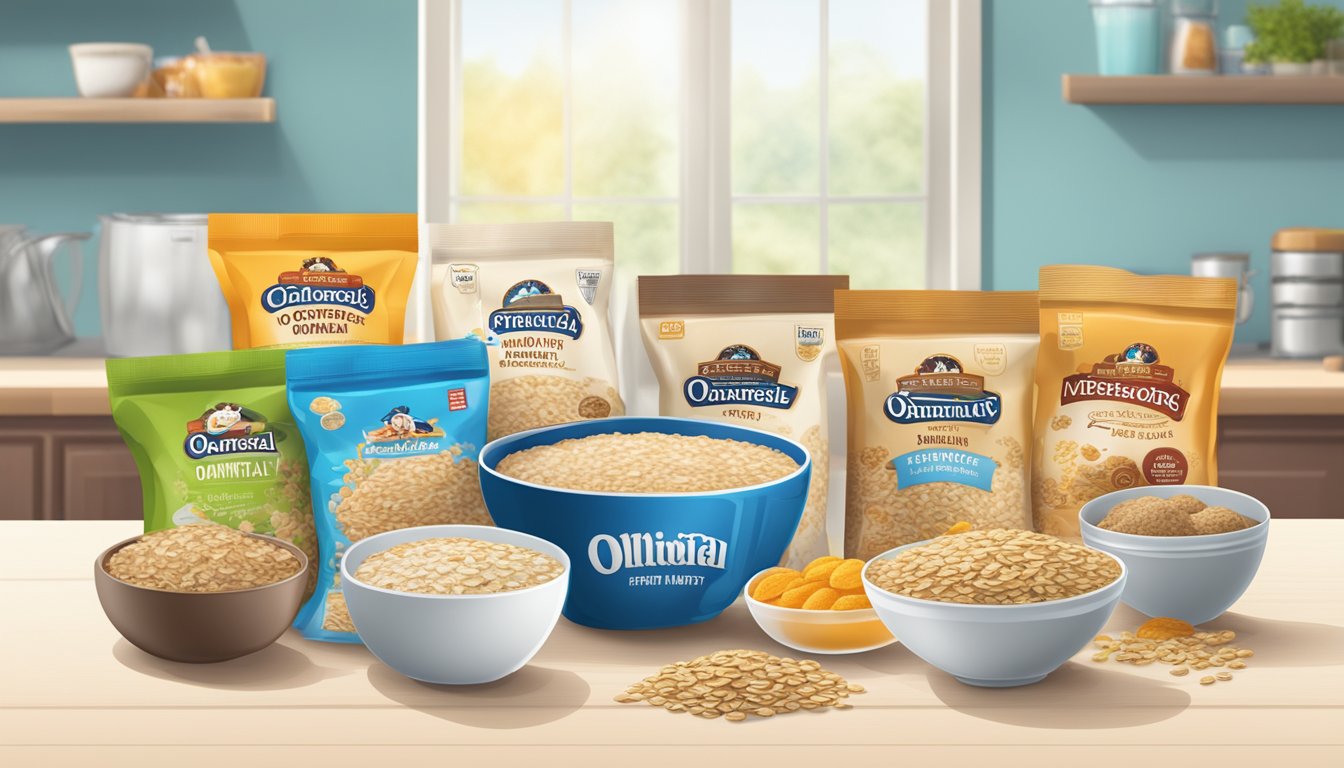 A table with 11 instant oatmeal packets, surrounded by various ingredients like sugar, artificial flavors, and preservatives