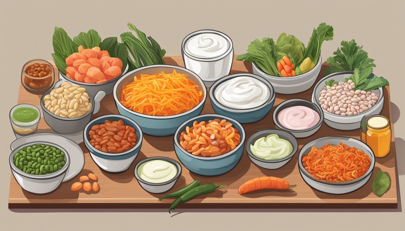 A table with a variety of foods, including kimchi, yogurt, and beans, arranged in a colorful and inviting display