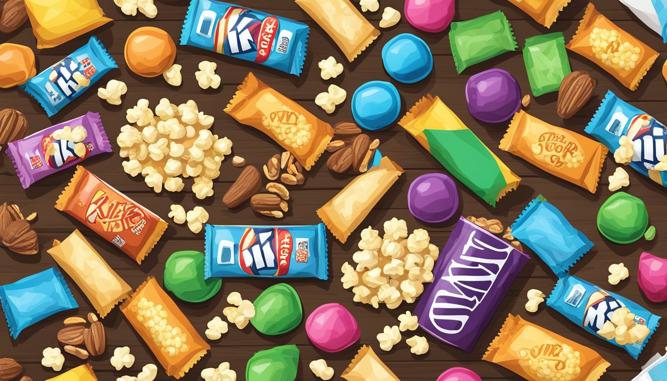 A colorful assortment of candy, popcorn, and nuts scattered on a rustic wooden table. A KitKat wrapper and kettle corn bag sit among the mix