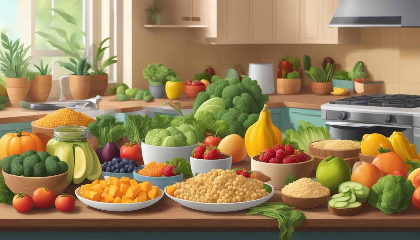 A table with a variety of gut-friendly foods, including tempeh, surrounded by colorful fruits and vegetables, set against a backdrop of a vibrant kitchen