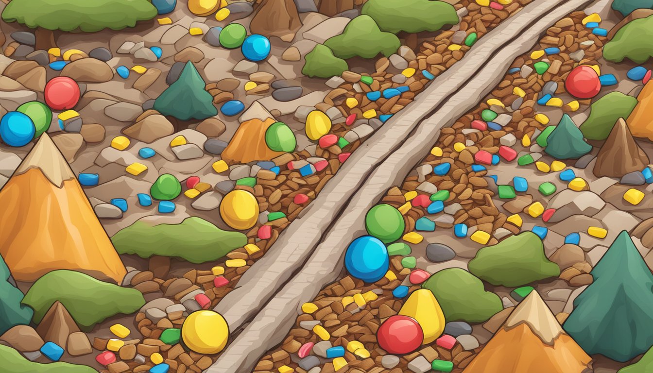 A mountain trail with scattered Toblerone bars and colorful candy-filled trail mix