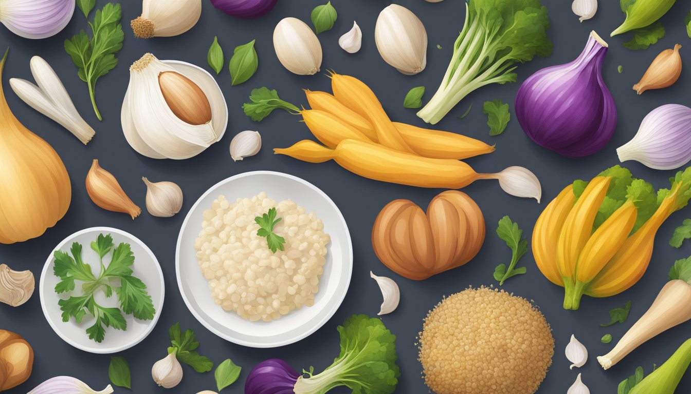 A variety of gut-friendly foods arranged on a table, including garlic, with a focus on their vibrant colors and textures