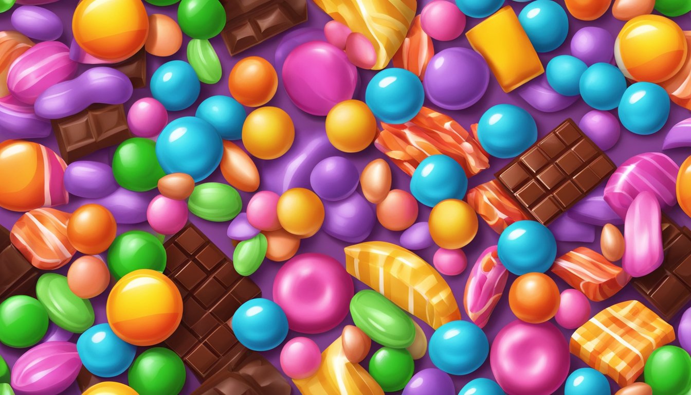 A colorful assortment of candies, chocolate pieces, and sugary nuts arranged in a vibrant, enticing display