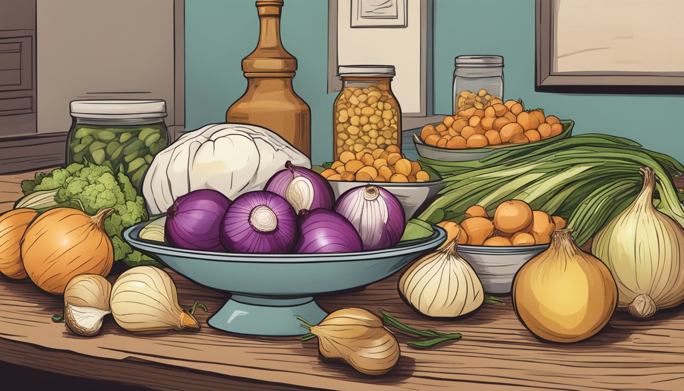 A pile of various foods, including onions, arranged on a table with a stomach in the background looking upset