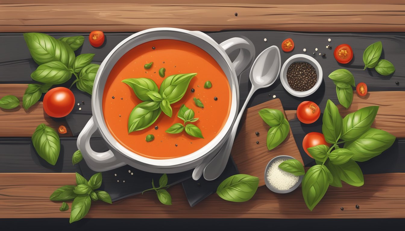 A steaming bowl of tomato basil soup surrounded by fresh basil leaves and a sprinkle of black pepper on a rustic wooden table